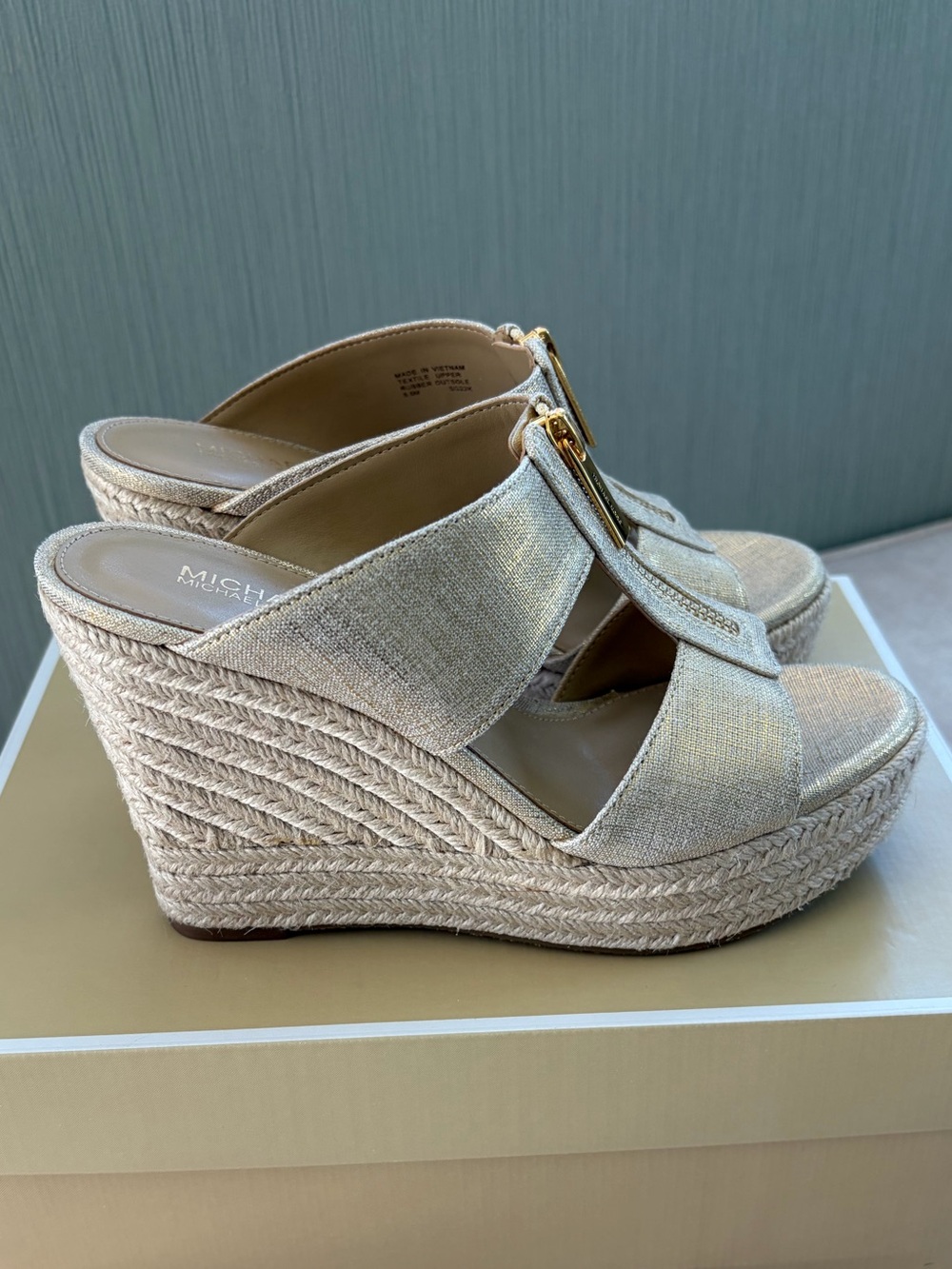 Michael Kors Bradley Mule Gold Platform Wedge Sandals, Size 5.5M, New - Picture 2 of 7